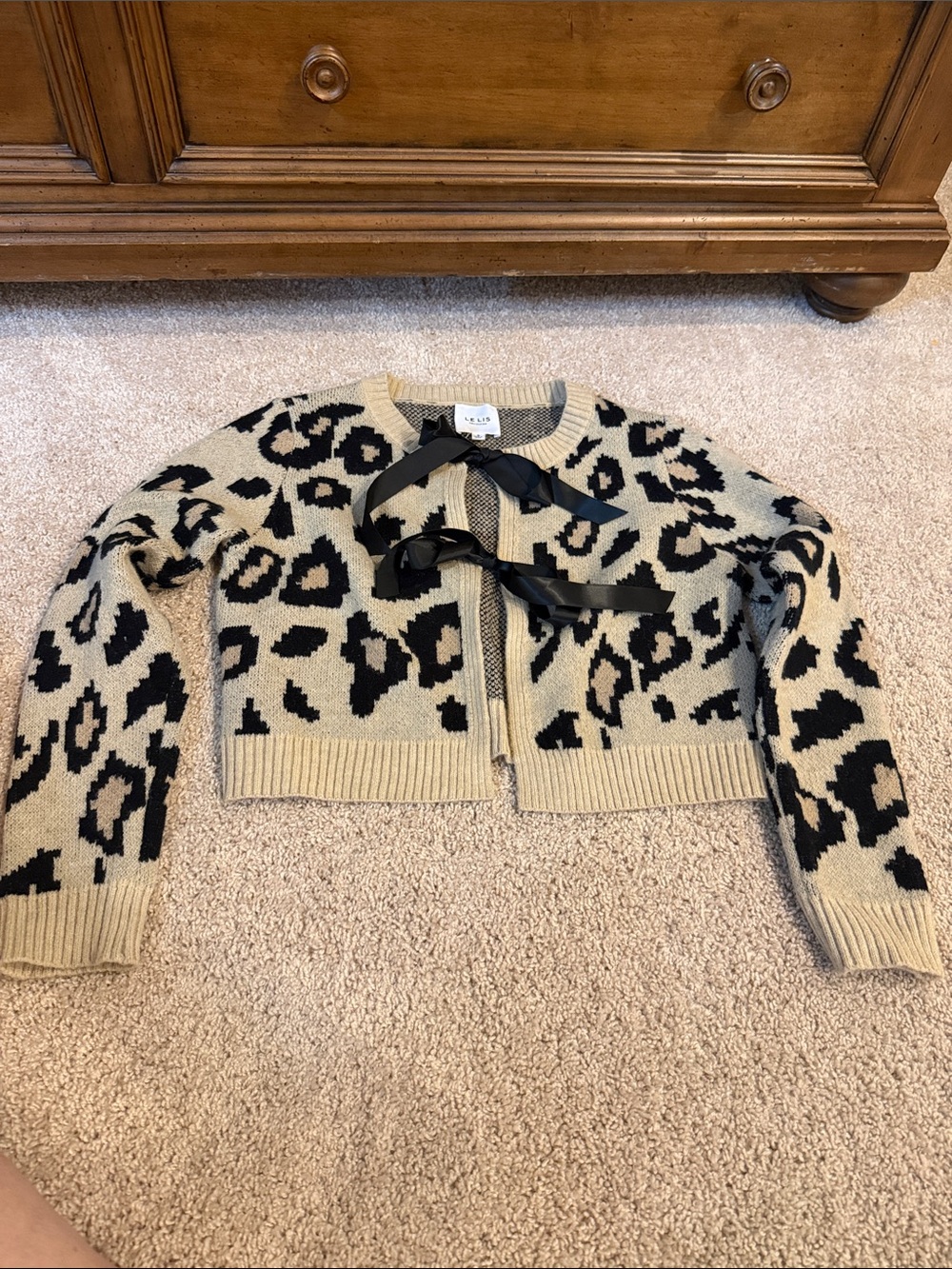 Le Lis Beige & Black Leopard Bow-Front Cropped Cardigan